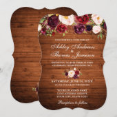 Rustic Wedding Burgundy Floral Wood Invite B Kaart (Voorkant / Achterkant)