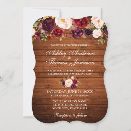 Rustic Wedding Burgundy Floral Wood Invite B Kaart