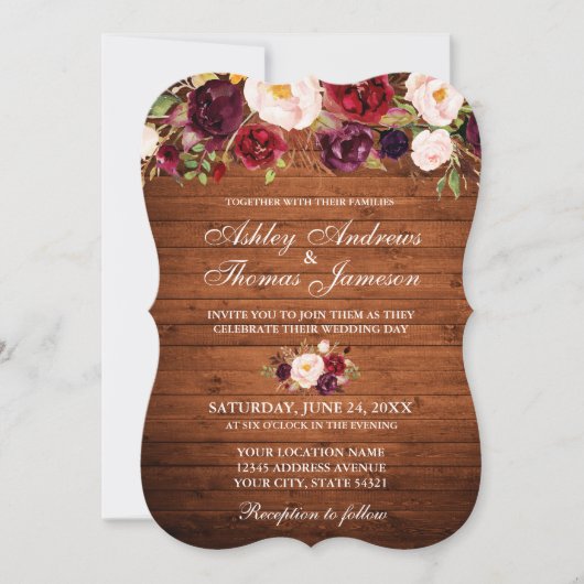 Rustic Wedding Burgundy Floral Wood Invite B Kaart (Voorkant)