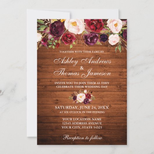 Rustic Wedding Burgundy Floral Wood Invite Kaart (Voorkant)