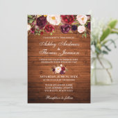 Rustic Wedding Burgundy Floral Wood Invite Kaart (Staand voorkant)