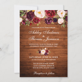 Rustic Wedding Burgundy Floral Wood Invite Kaart
