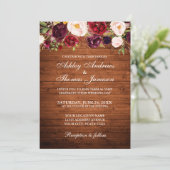 Rustic Wedding Burgundy Floral Wood Invite Kaart (Staand voorkant)