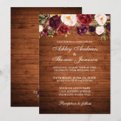 Rustic Wedding Burgundy Floral Wood Invite Kaart (Voorkant / Achterkant)