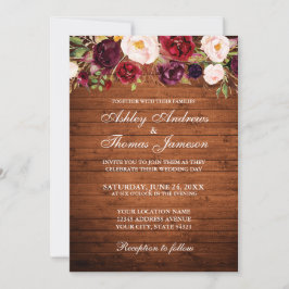 Rustic Wedding Burgundy Floral Wood Invite Kaart