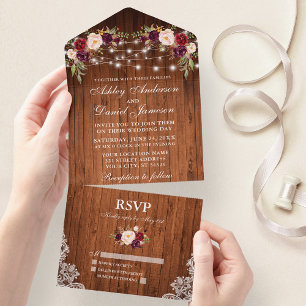 Rustic Wedding Burgundy Floral Wood Lace Lights All In One Uitnodiging