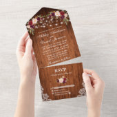 Rustic Wedding Burgundy Floral Wood Lace Lights All In One Uitnodiging (Afscheurbaar)