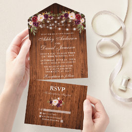 Rustic Wedding Burgundy Floral Wood Lichten All In One Uitnodiging