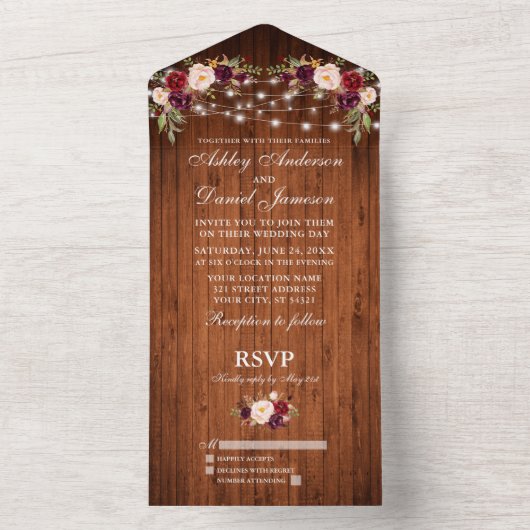 Rustic Wedding Burgundy Floral Wood Lichten All In One Uitnodiging (Binnen)