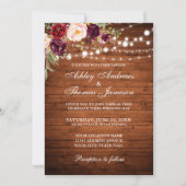 Rustic Wedding Burgundy Floral Wood Lichten uitnod Kaart (Voorkant)