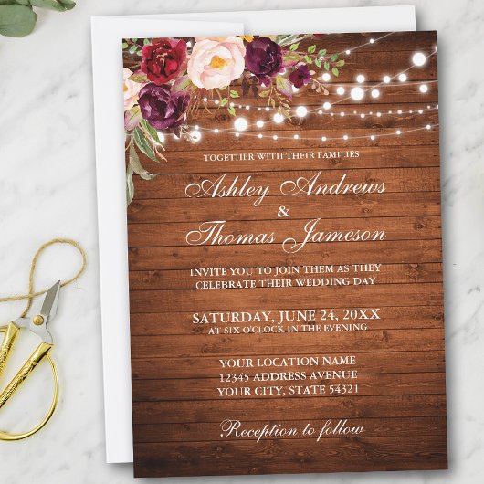 Rustic Wedding Burgundy Floral Wood Lichten uitnod Kaart