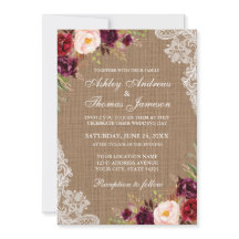 Rustic Wedding Burlap Burgundy Floral Lace Invite