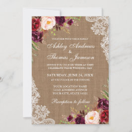 Rustic Wedding Burlap Burgundy Floral Lace Invite Kaart