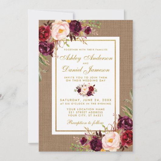 Rustic Wedding Burlap Burgundy Wedding Invite Kaart (Voorkant)