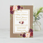 Rustic Wedding Burlap Burgundy Wedding Invite Kaart (Staand voorkant)
