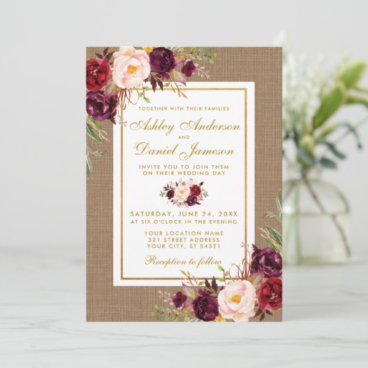 Rustic Wedding Burlap Burgundy Wedding Invite Kaart (Staand voorkant)