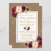 Rustic Wedding Burlap Burgundy Wedding Invite Kaart (Voorkant / Achterkant)
