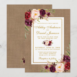 Rustic Wedding Burlap Burgundy Wedding Invite Kaart