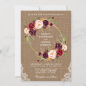 Rustic Wedding Burlap Floral Wreath Lace Invite B Kaart (Voorkant)