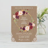 Rustic Wedding Burlap Floral Wreath Lace Invite B Kaart (Staand voorkant)