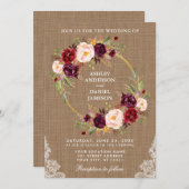 Rustic Wedding Burlap Floral Wreath Lace Invite B Kaart (Voorkant / Achterkant)