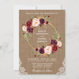 Rustic Wedding Burlap Floral Wreath Lace Invite B Kaart