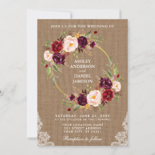 Rustic Wedding Burlap Floral Wreath Lace Invite B Kaart