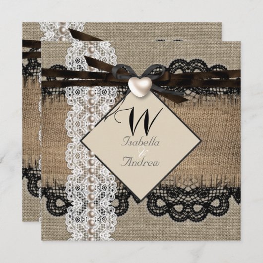 Rustic Wedding Burlap Hessian Lace Pearl Heart Kaart (Voorkant / Achterkant)