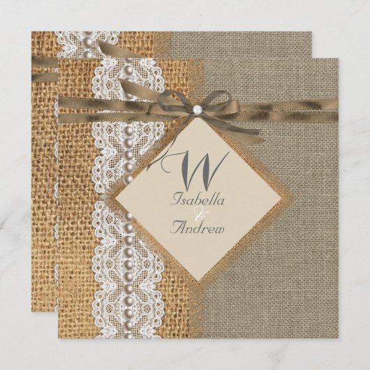 Rustic Wedding Burlap Hessian Lace Pearl Kaart (Voorkant / Achterkant)