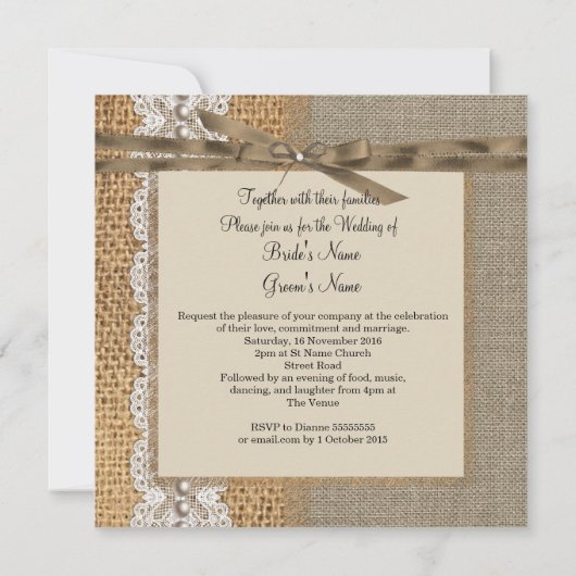 Rustic Wedding Burlap Hessian Lace Pearl Kaart (Achterkant)