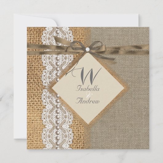 Rustic Wedding Burlap Hessian Lace Pearl Kaart (Voorkant)
