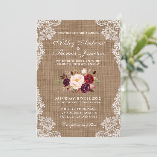 Rustic Wedding Burlap Lace Floral Invite B Kaart (Staand voorkant)