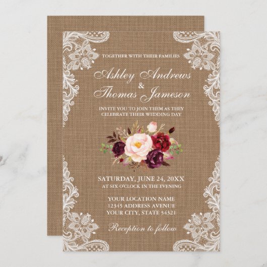 Rustic Wedding Burlap Lace Floral Invite B Kaart (Voorkant / Achterkant)