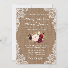 Rustic Wedding Burlap Lace Floral Invite B Kaart