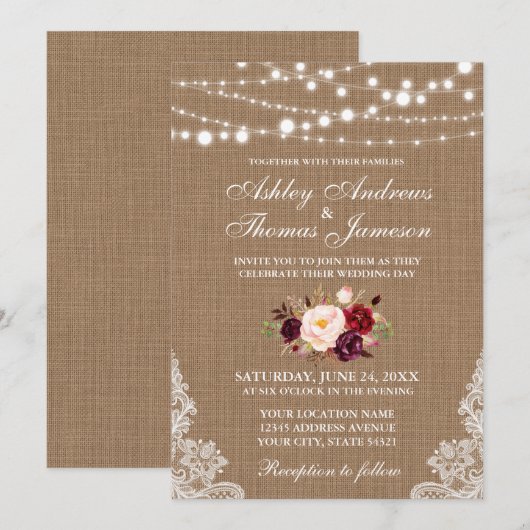 Rustic Wedding Burlap Lace Floral Invite B Kaart (Voorkant / Achterkant)