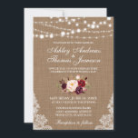 Rustic Wedding Burlap Lace Floral Invite B Kaart<br><div class="desc">Rustic Wedding Burlap Lace String Lights met Waterverf Burgundy Marsala Floral</div>