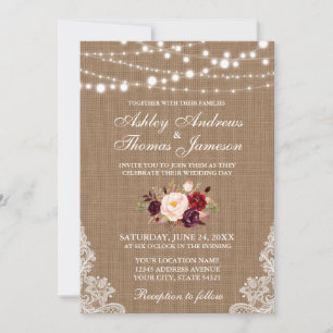 Rustic Wedding Burlap Lace Floral Invite B Kaart
