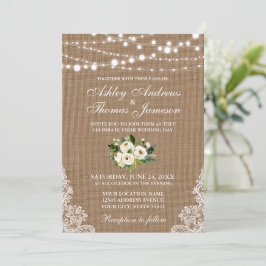 Rustic Wedding Burlap Lace Floral Invite G Kaart (Staand voorkant)