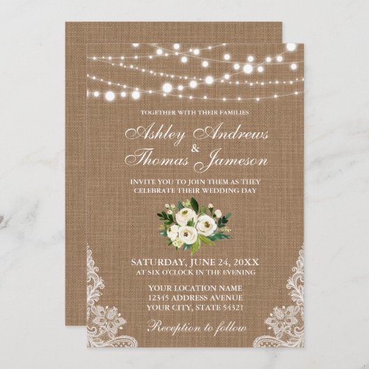 Rustic Wedding Burlap Lace Floral Invite G Kaart (Voorkant / Achterkant)
