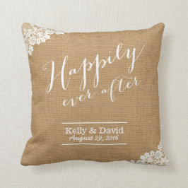 Rustic Wedding Burlap & Lace , gelukkig altijd na  Kussen