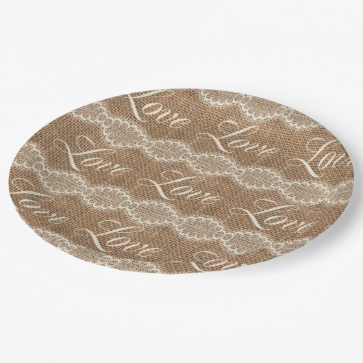 Rustic Wedding Burlap Lace Love Papieren Bordje (Gekanteld)