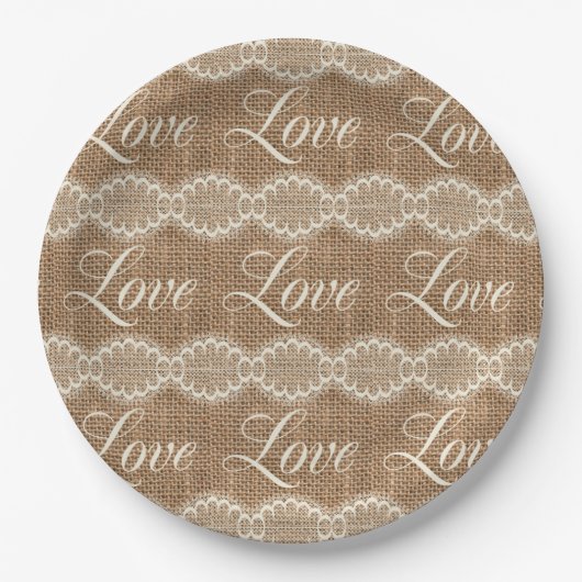 Rustic Wedding Burlap Lace Love Papieren Bordje (Voorkant)