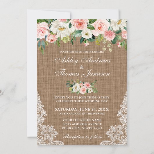 Rustic Wedding Burlap Lace Pink Floral Invite Kaart (Voorkant)