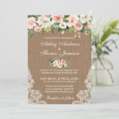 Rustic Wedding Burlap Lace Pink Floral Invite Kaart (Staand voorkant)