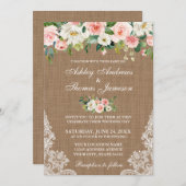 Rustic Wedding Burlap Lace Pink Floral Invite Kaart (Voorkant / Achterkant)
