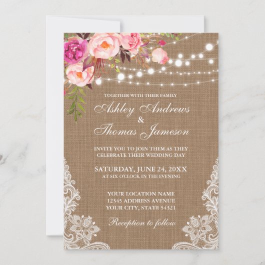 Rustic Wedding Burlap Licht Floral Lace Invite Kaart (Voorkant)