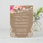 Rustic Wedding Burlap Licht Floral Lace Invite Kaart (Staand voorkant)