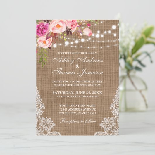 Rustic Wedding Burlap Licht Floral Lace Invite Kaart (Staand voorkant)