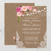 Rustic Wedding Burlap Licht Floral Lace Invite Kaart (Voorkant / Achterkant)