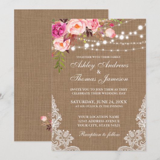 Rustic Wedding Burlap Licht Floral Lace Invite Kaart (Voorkant / Achterkant)